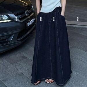 NWT Dark Wash Maxi Denim Skirt A-Line High Waist Size S